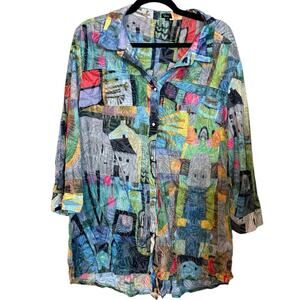 Shana Button-Up Top Wearable Art Flowy Long Sleeve Boho Colorful Artsy Shirt L